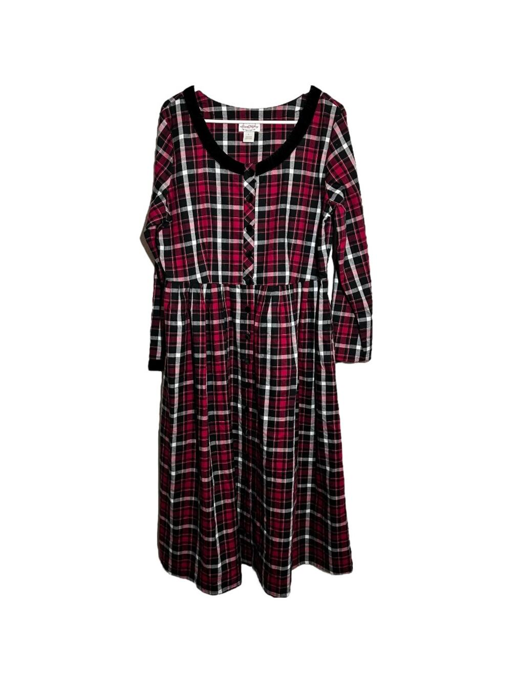 Lanz of Salzburg Nightgown 100% Cotton Plaid Pockets Black Trim Red Black Large